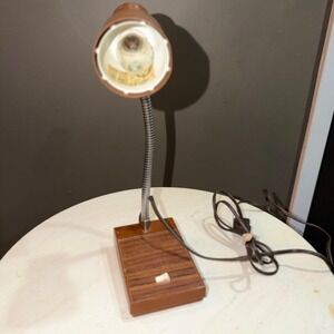 Vintage 70s Shine Gooseneck Desk Lamp Faux Wood Grain Brown Retro Mid Century